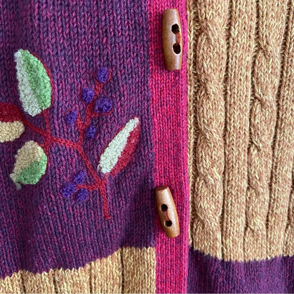 Erika‎ Colorful Crochet Color Block Floral Long Sleeve Wood Toggle Sweater Large
